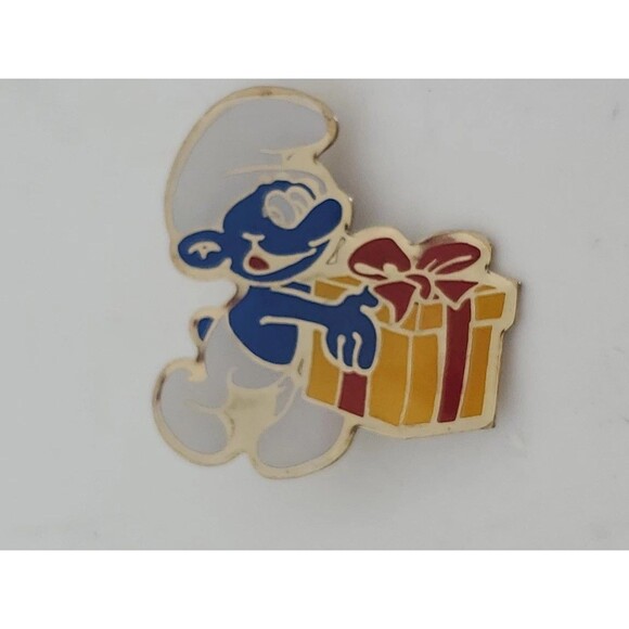 Smurf With Gift Box Brooch Enamal  Pin Cartoon Character - Picture 2 of 9